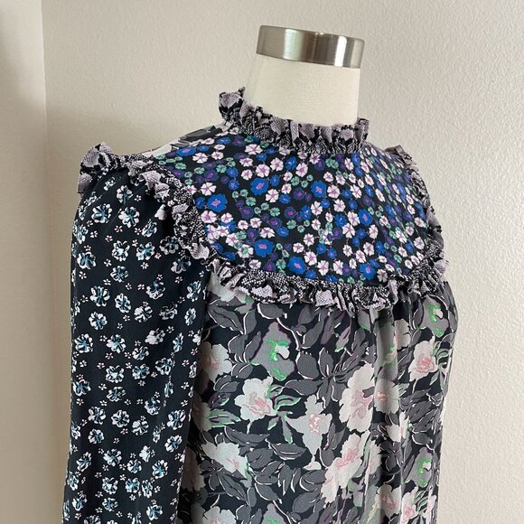 Rebecca Taylor Womens 4 Mix Floral 100% Silk Blouse Long Sleeve Ruffle High Neck - Picture 2 of 11